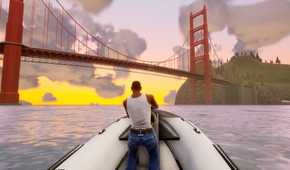 A screenshot from the game "GTA San Andreas: Definitive Edition", showing CJ driving a boat while wearing a vest and a pair of jeans.