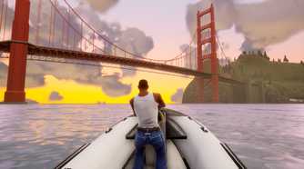 A screenshot from the game "GTA San Andreas: Definitive Edition", showing CJ driving a boat while wearing a vest and a pair of jeans.