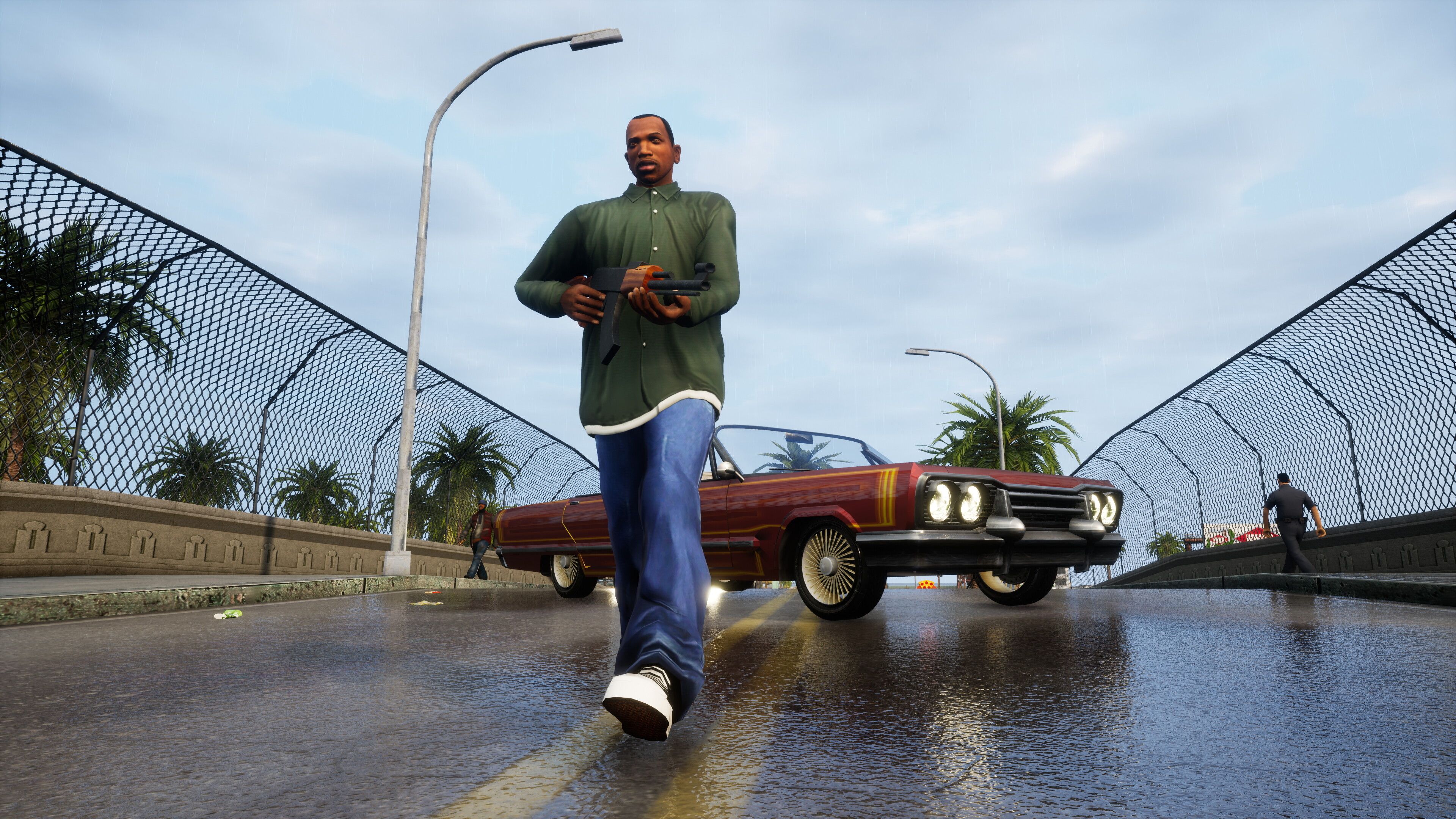 A screenshot from the game "GTA San Andreas: Definitive Edition", showing CJ wearing a green jacket and walking out of a car while holding a rifle.
