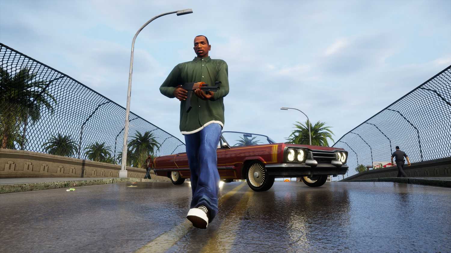 A screenshot from the game "GTA San Andreas: Definitive Edition", showing CJ wearing a green jacket and walking out of a car while holding a rifle.