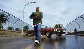 A screenshot from the game "GTA San Andreas: Definitive Edition", showing CJ wearing a green jacket and walking out of a car while holding a rifle.