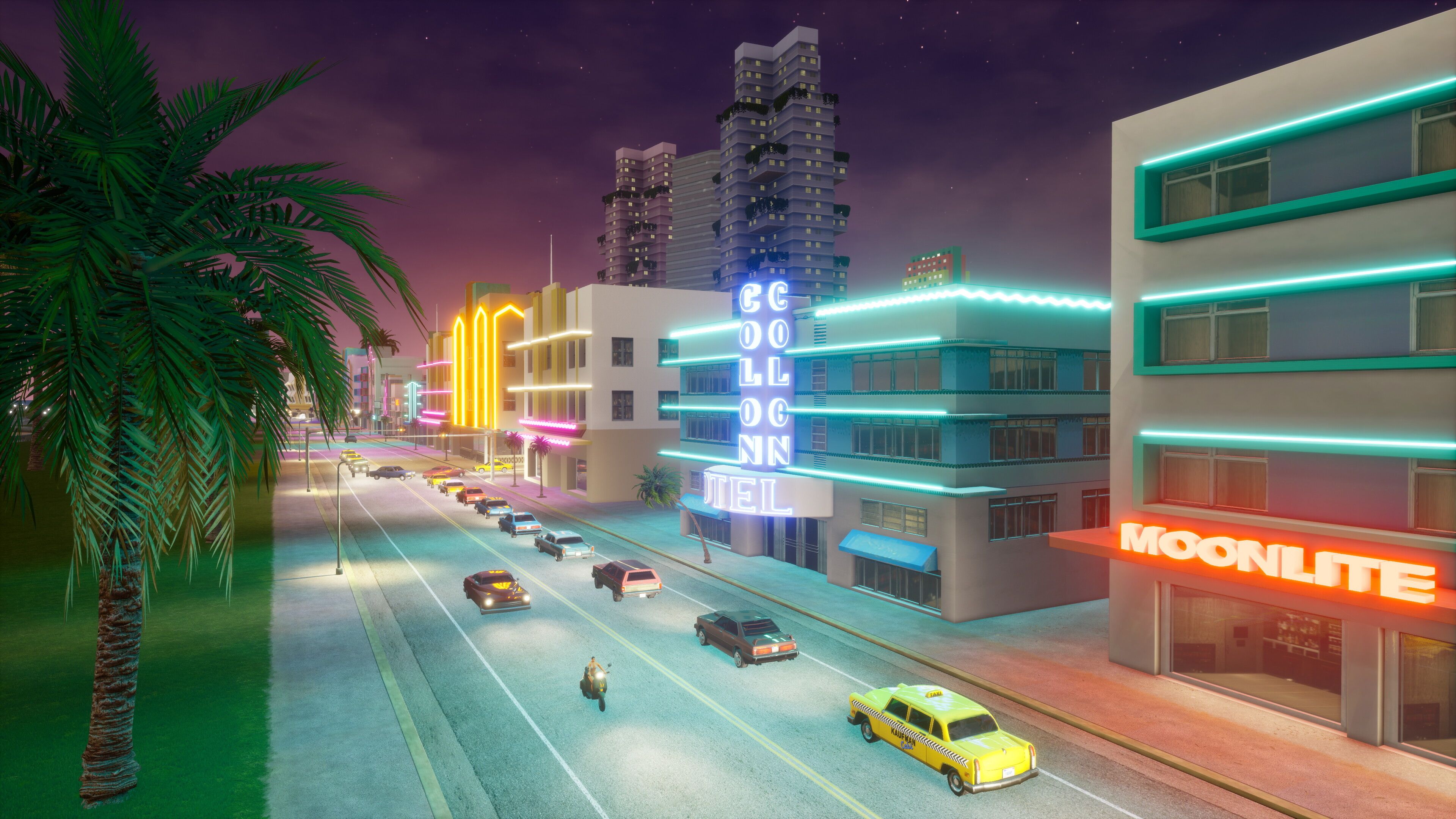 A screenshot from the game "GTA Vice City: Definitive Edition", showing the beachside road in the game.