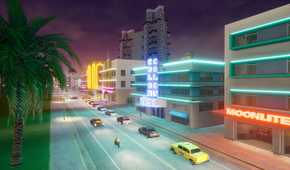 A screenshot from the game "GTA Vice City: Definitive Edition", showing the beachside road in the game.