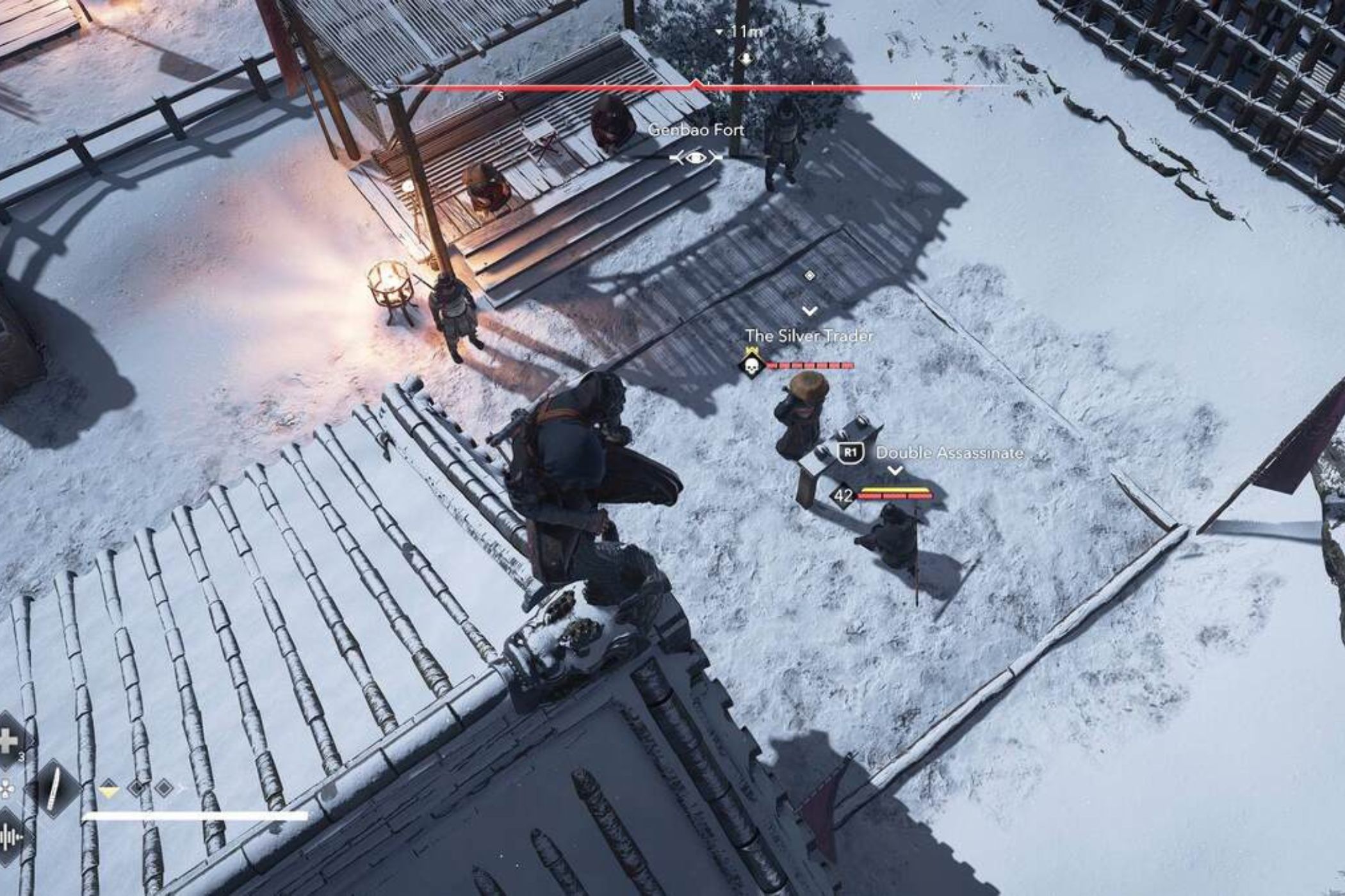 Assassin's Creed Shadows Naoe on rooftop overlooking enemies