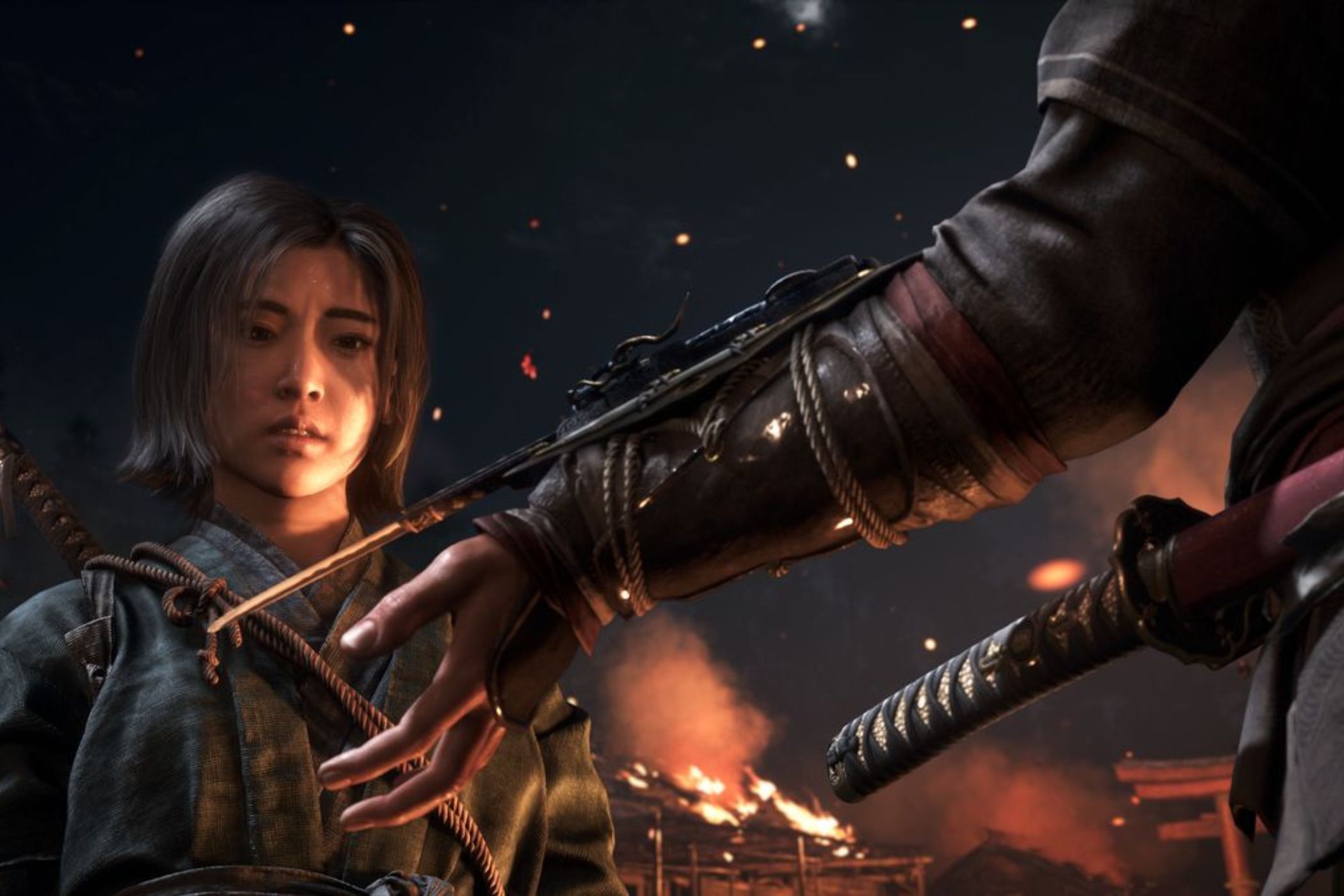A screenshot from Assassin's Creed Shadows, showing Naoe looking at a hidden blade.