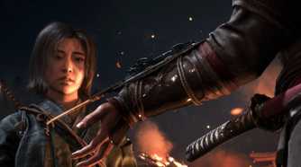 A screenshot from Assassin's Creed Shadows, showing Naoe looking at a hidden blade.