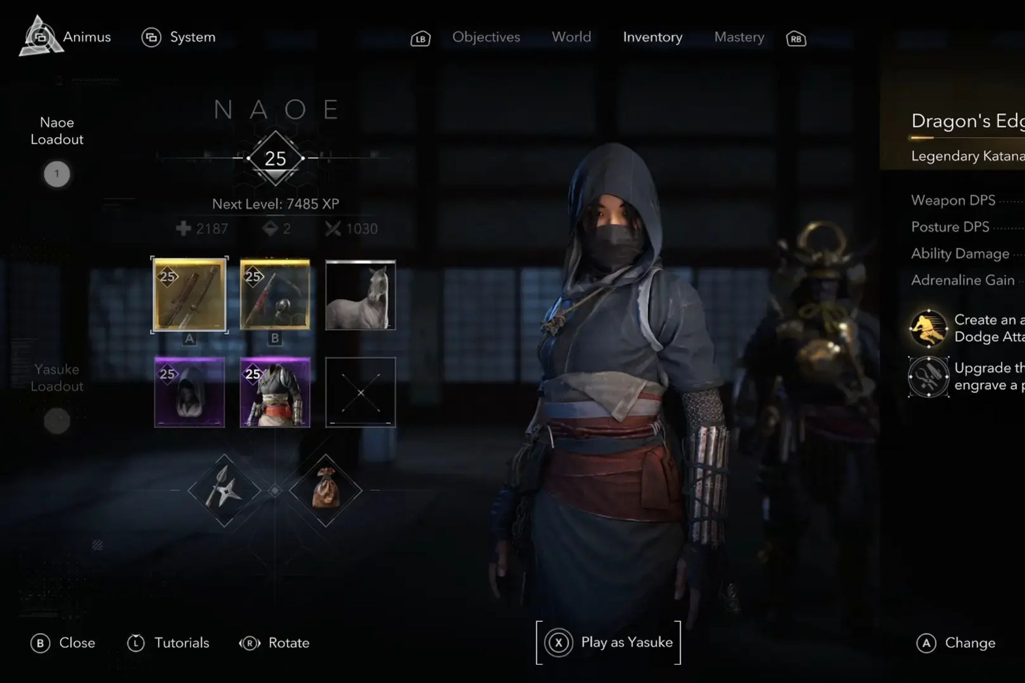 Assassin's Creed Shadows Naoe equipment menu