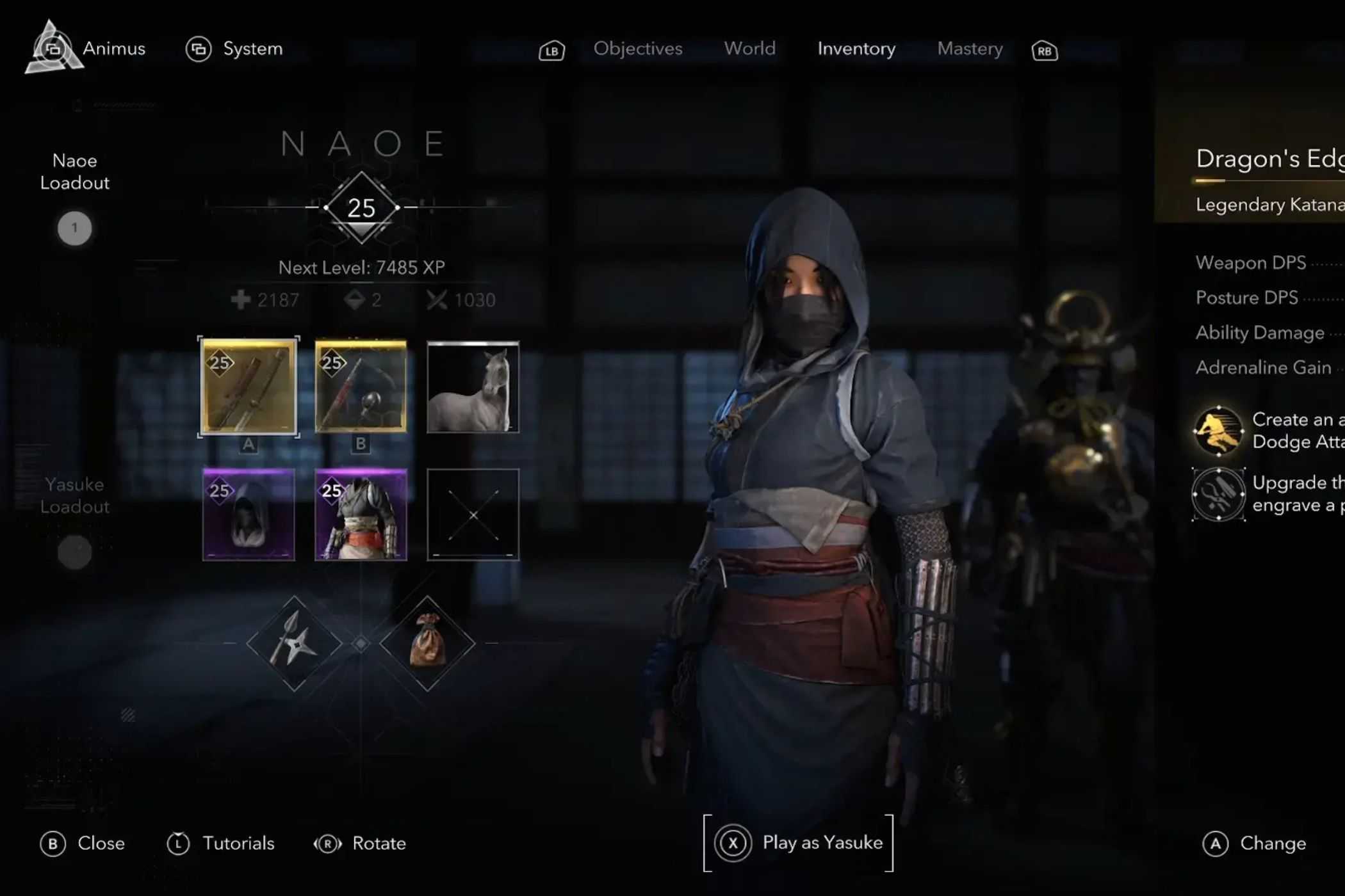 Assassin's Creed Shadows Naoe equipment menu