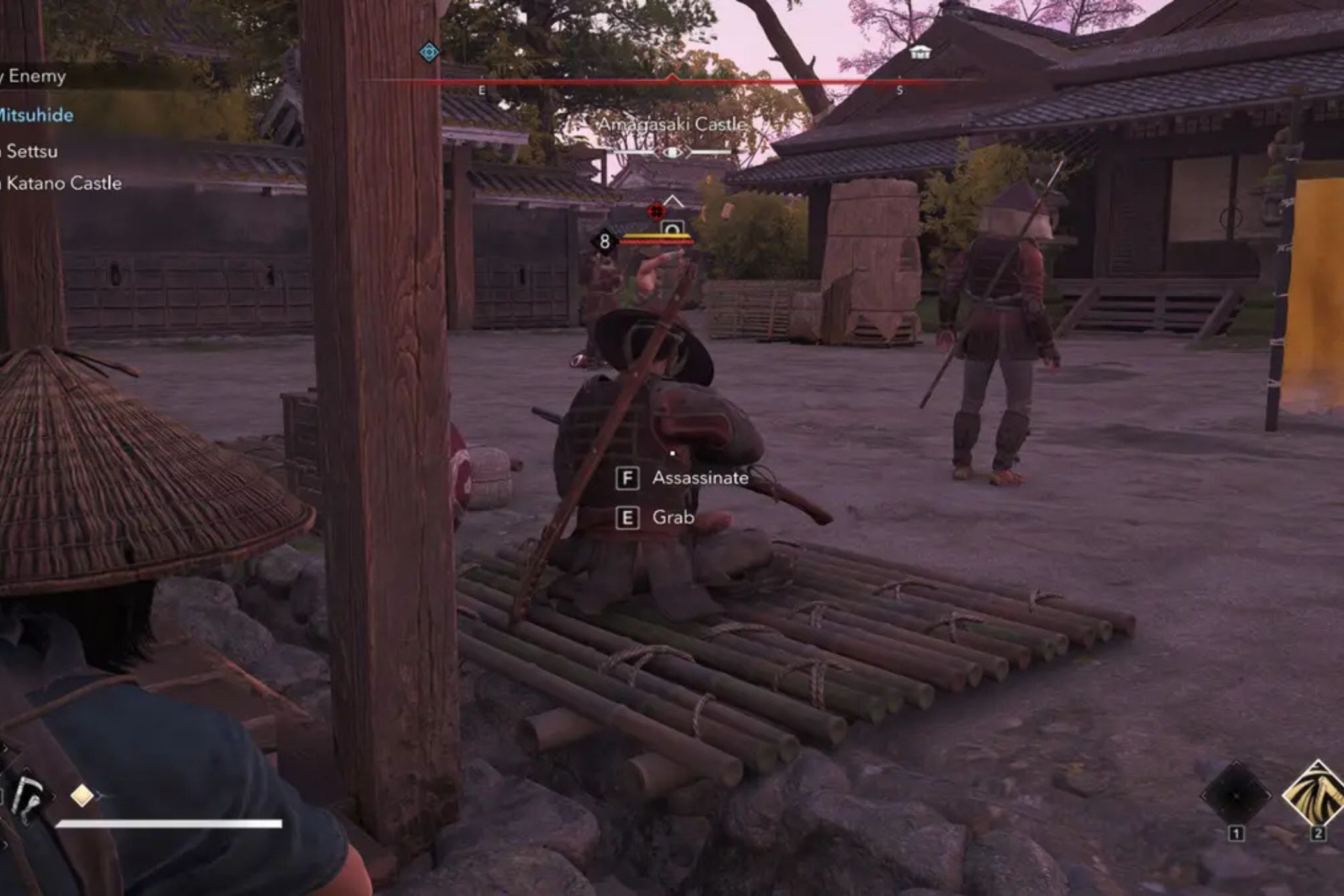 Assassin's Creed Shadows Naoe hiding behind enemy in camp