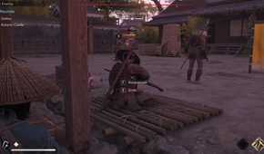 Assassin's Creed Shadows Naoe hiding behind enemy in camp