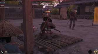 Assassin's Creed Shadows Naoe hiding behind enemy in camp