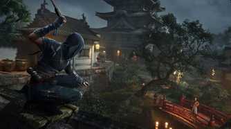 Assassin's Creed Shadows Naoe holding knife on roof of building