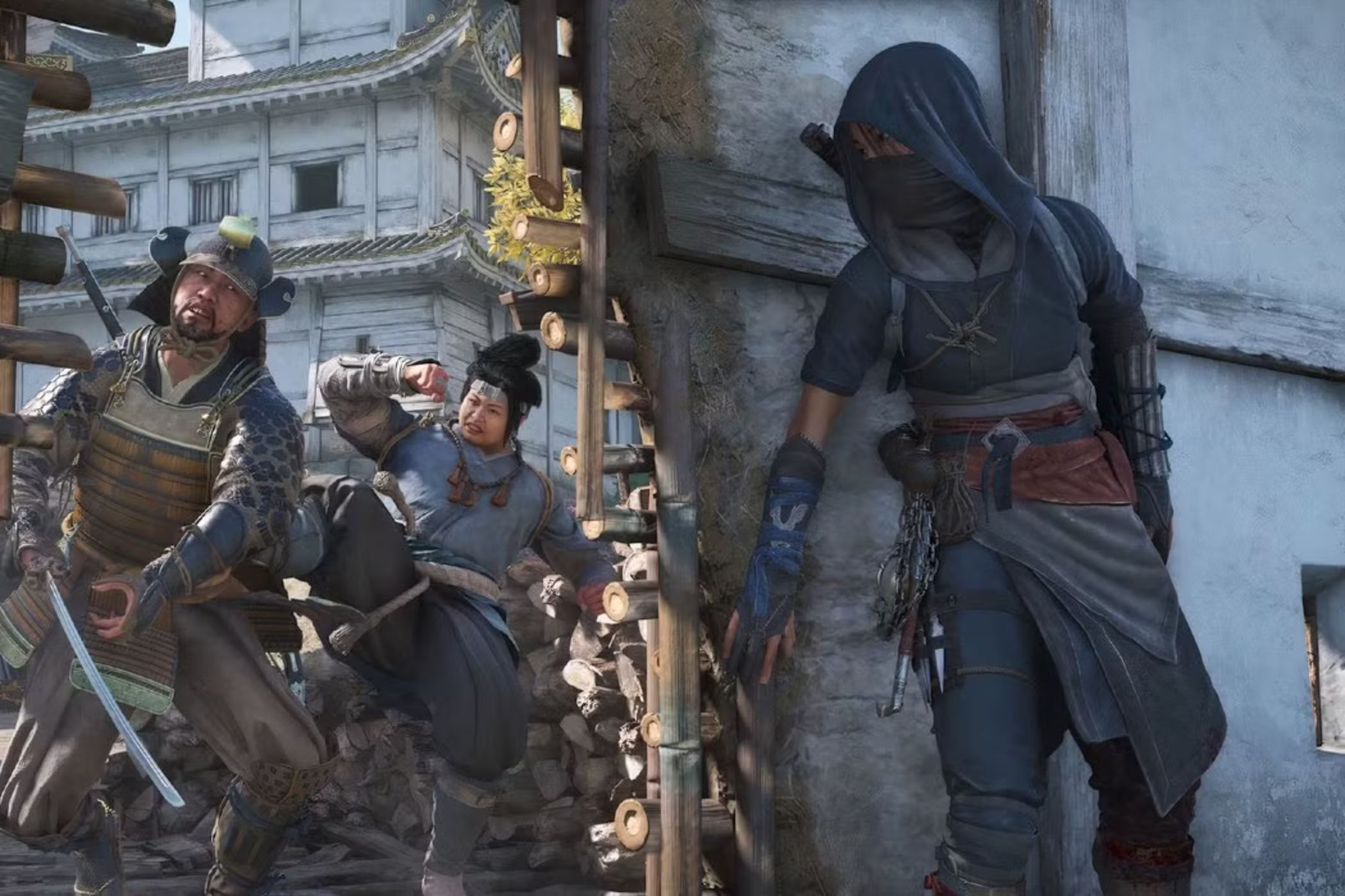 Assassin's Creed Shadows Naoe hiding from enemies behind wall