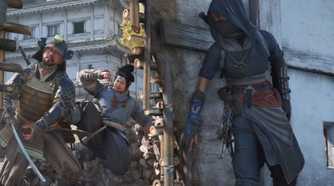 Assassin's Creed Shadows Naoe hiding from enemies behind wall