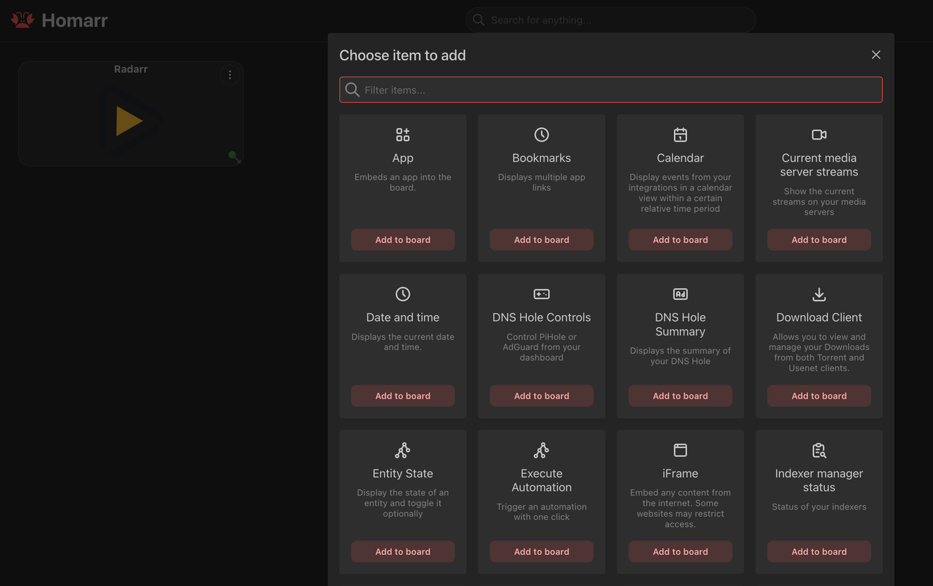 Homarr dashboard item add