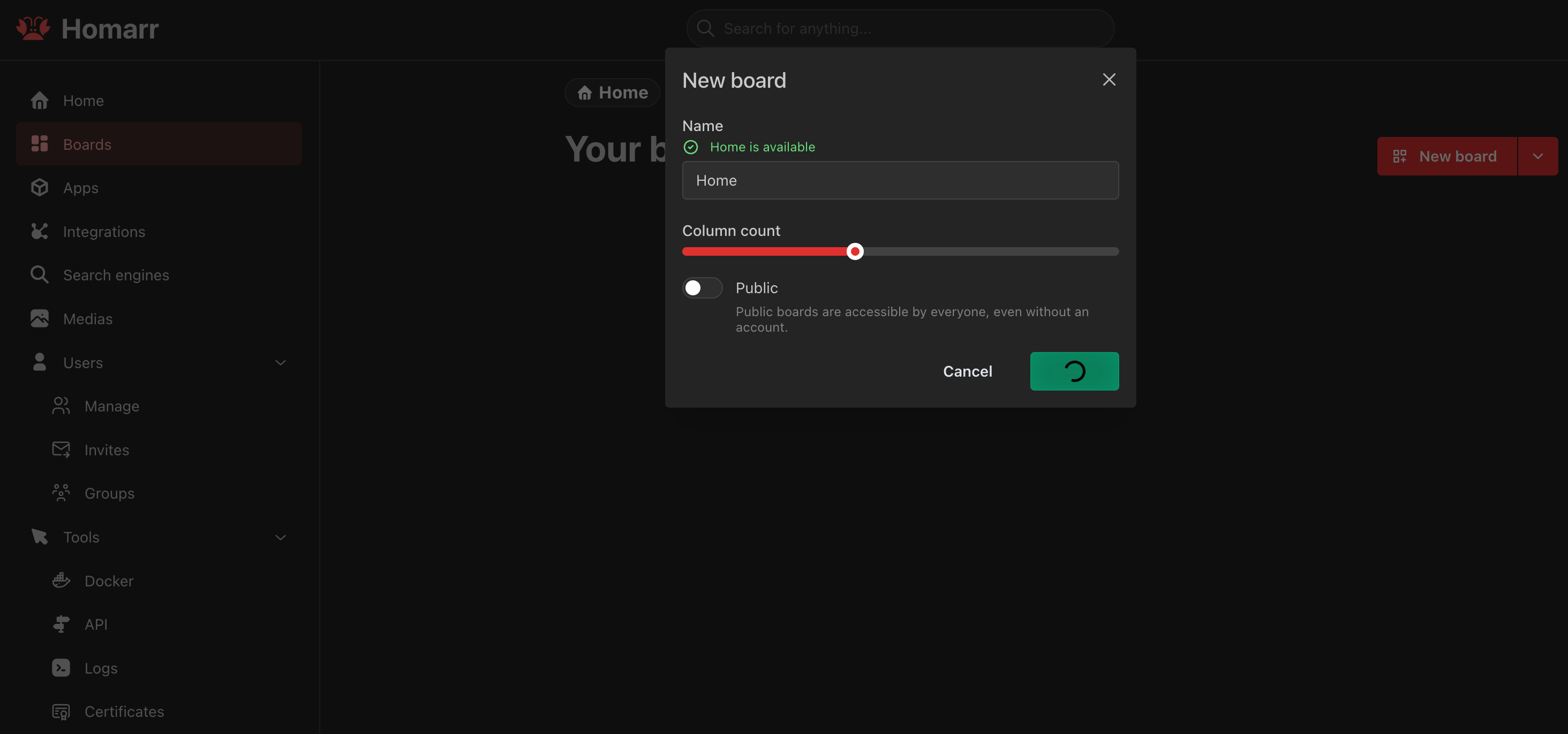 Home dashboard options