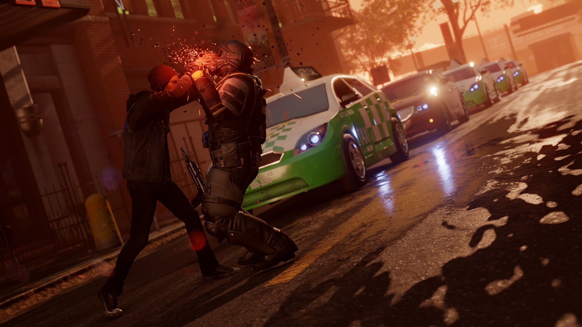 man fighting with red glowing hand powers
