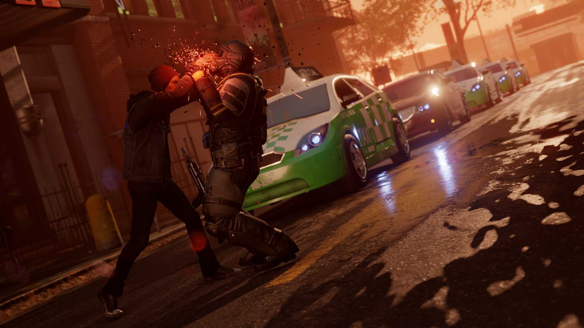 man fighting with red glowing hand powers