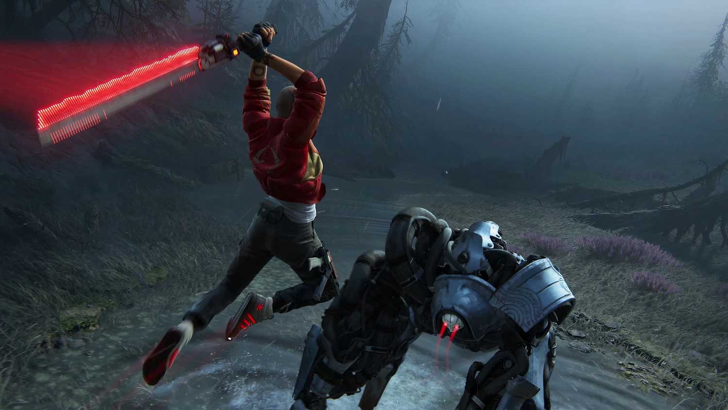 An image from the game Intergalactic: The Heretic Prophet, showing Jordan A. Mun wielding a sword.