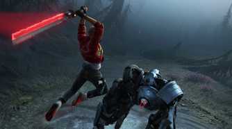 An image from the game Intergalactic: The Heretic Prophet, showing Jordan A. Mun wielding a sword.