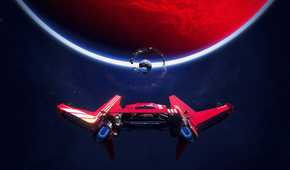 An image from the game Intergalactic: The Heretic Prophet, showing a bright red Porsche spaceship in space.