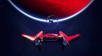 An image from the game Intergalactic: The Heretic Prophet, showing a bright red Porsche spaceship in space.
