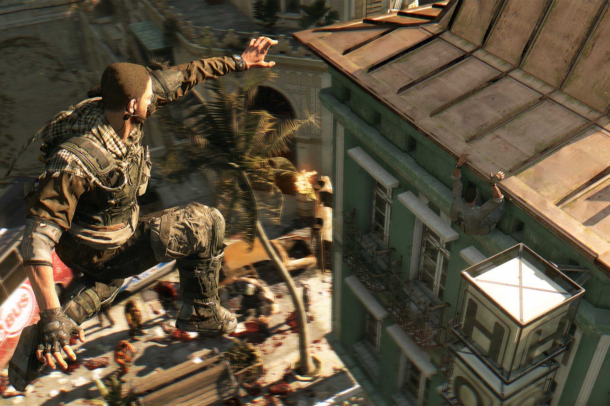 A screenshot from Dying Light, showing a man leaping across rooftops.