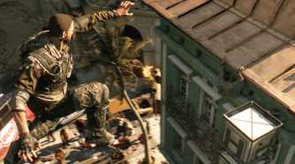 A screenshot from Dying Light, showing a man leaping across rooftops.