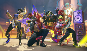 demon overwatch skins in a band pose