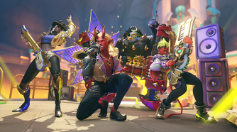 demon overwatch skins in a band pose