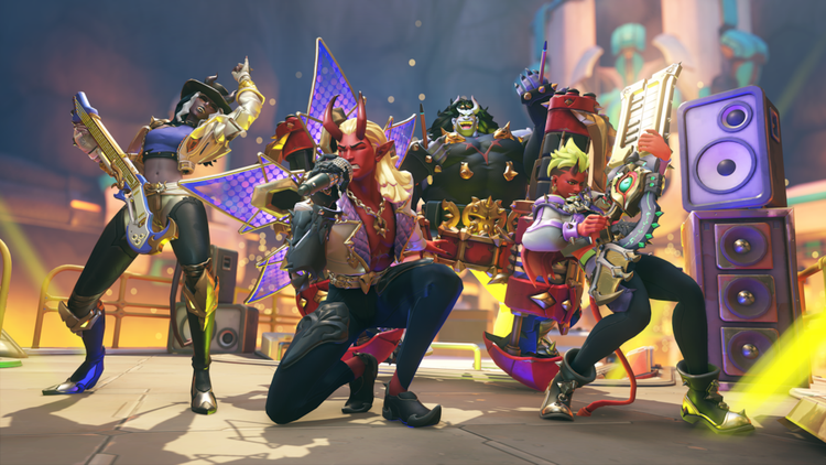 demon overwatch skins in a band pose