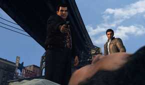An image from the 2020 remaster of Mafia II, showing a man holding a gun over another person on the ground.