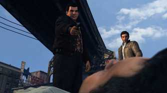 An image from the 2020 remaster of Mafia II, showing a man holding a gun over another person on the ground.