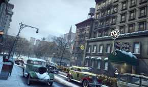 An image from the 2020 remaster of Mafia II, showing the game's city, with roads and cars coated in layers of snow.