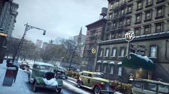 An image from the 2020 remaster of Mafia II, showing the game's city, with roads and cars coated in layers of snow.