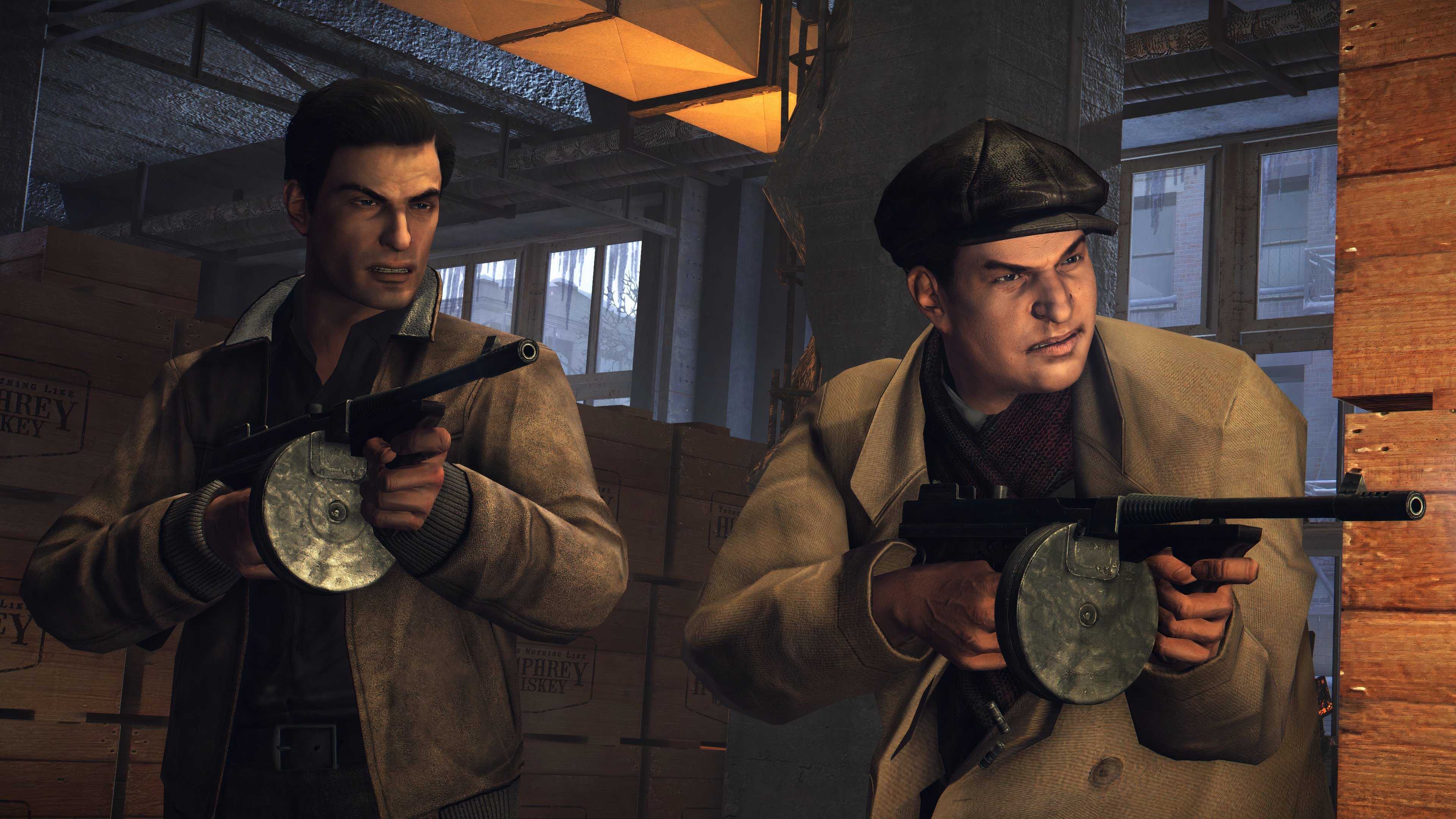 An image from the 2020 remaster of Mafia II, showing two men wielding tommy guns.