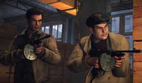 An image from the 2020 remaster of Mafia II, showing two men wielding tommy guns.