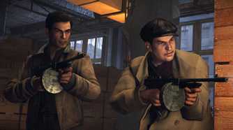 An image from the 2020 remaster of Mafia II, showing two men wielding tommy guns.