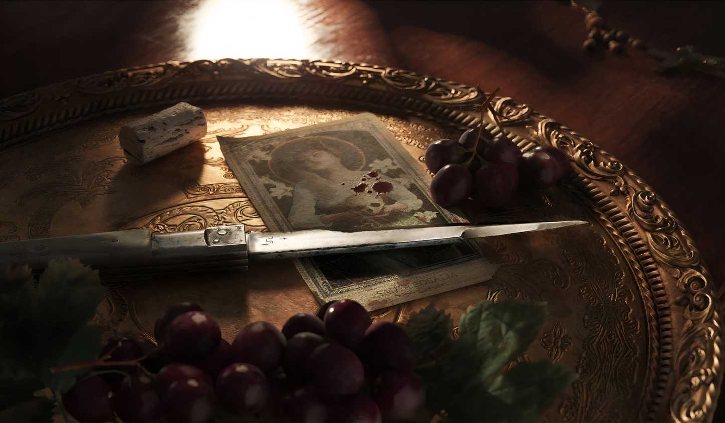 An image from the game Mafia: The Old Country, showing a bloodied knife sitting on a gold plate next to some grapes and a blood-soaked photograph.