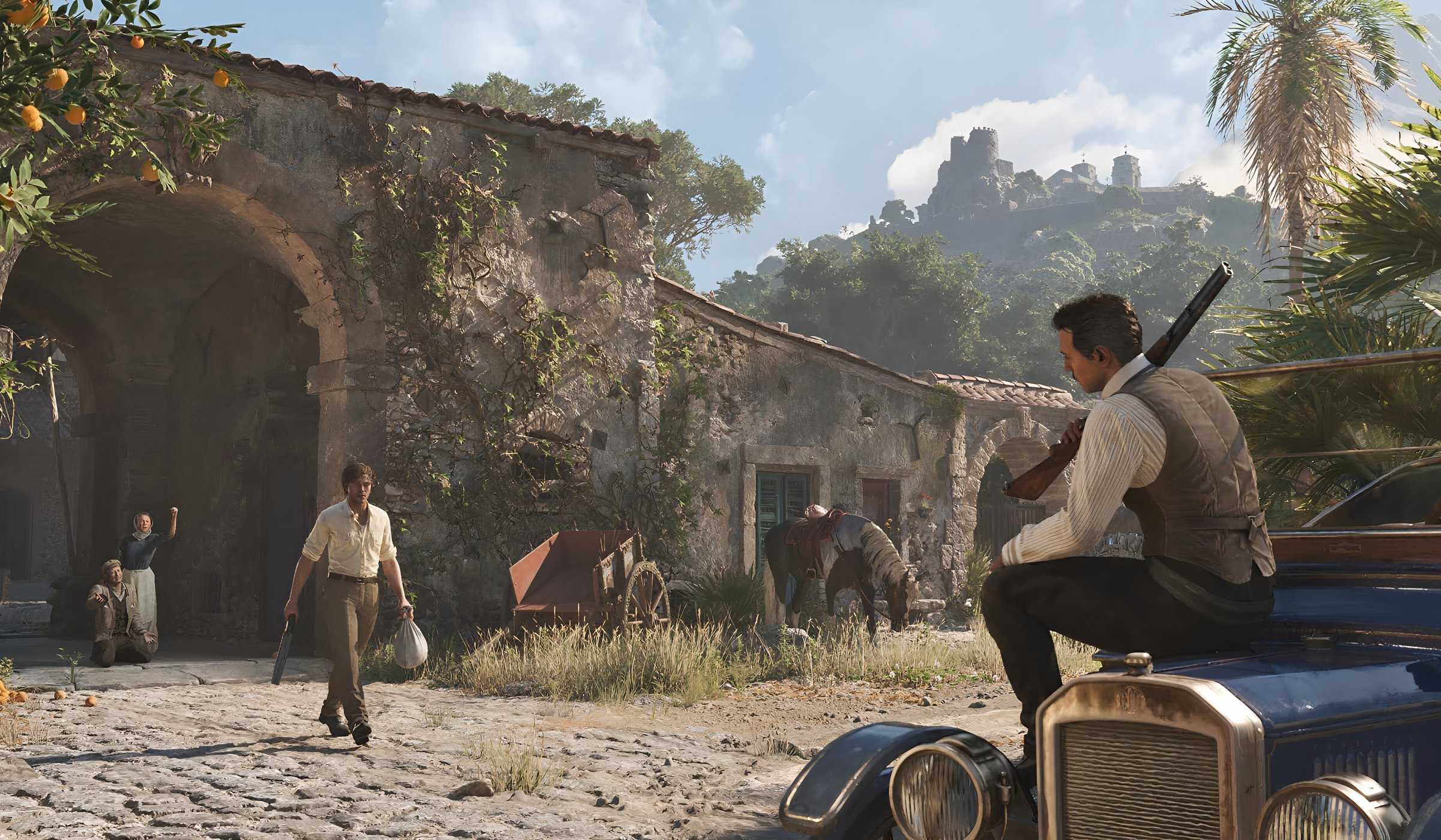 An image from the game Mafia: The Old Country, showing an Italian background with a man sitting atop a vintage car as another man walks towards him, with a couple crying in the background.