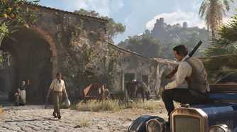An image from the game Mafia: The Old Country, showing an Italian background with a man sitting atop a vintage car as another man walks towards him, with a couple crying in the background.