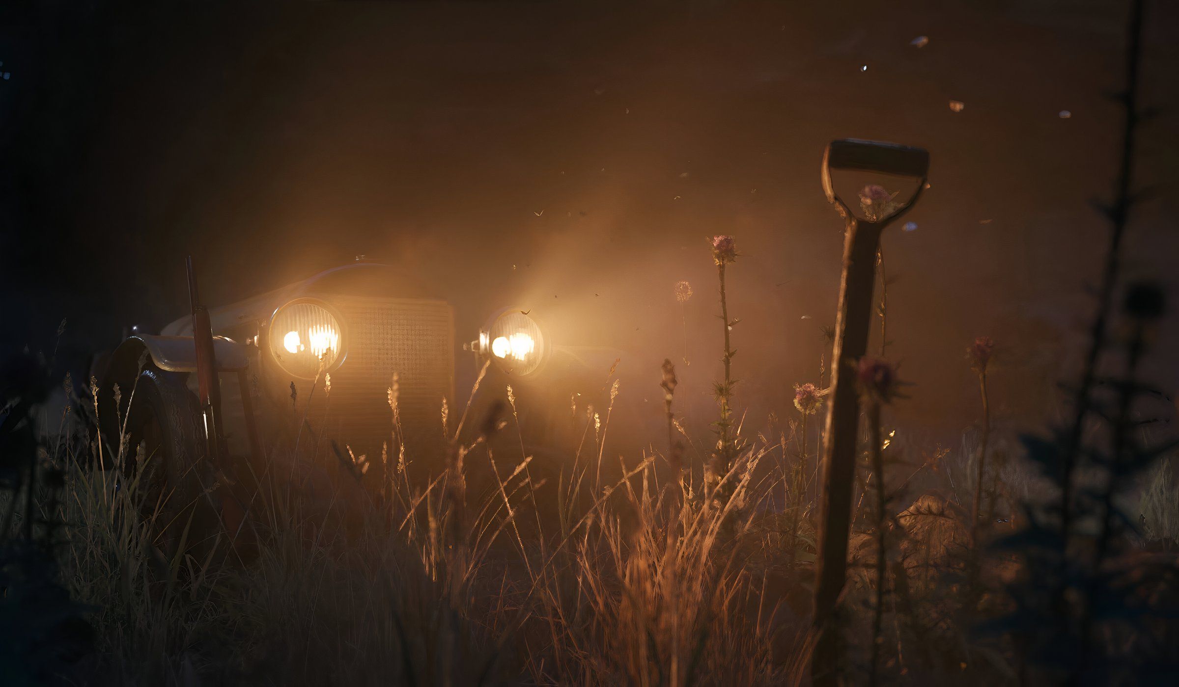 An image from the game Mafia: The Old Country, showing a dark atmosphere lit only by a car's headlights.