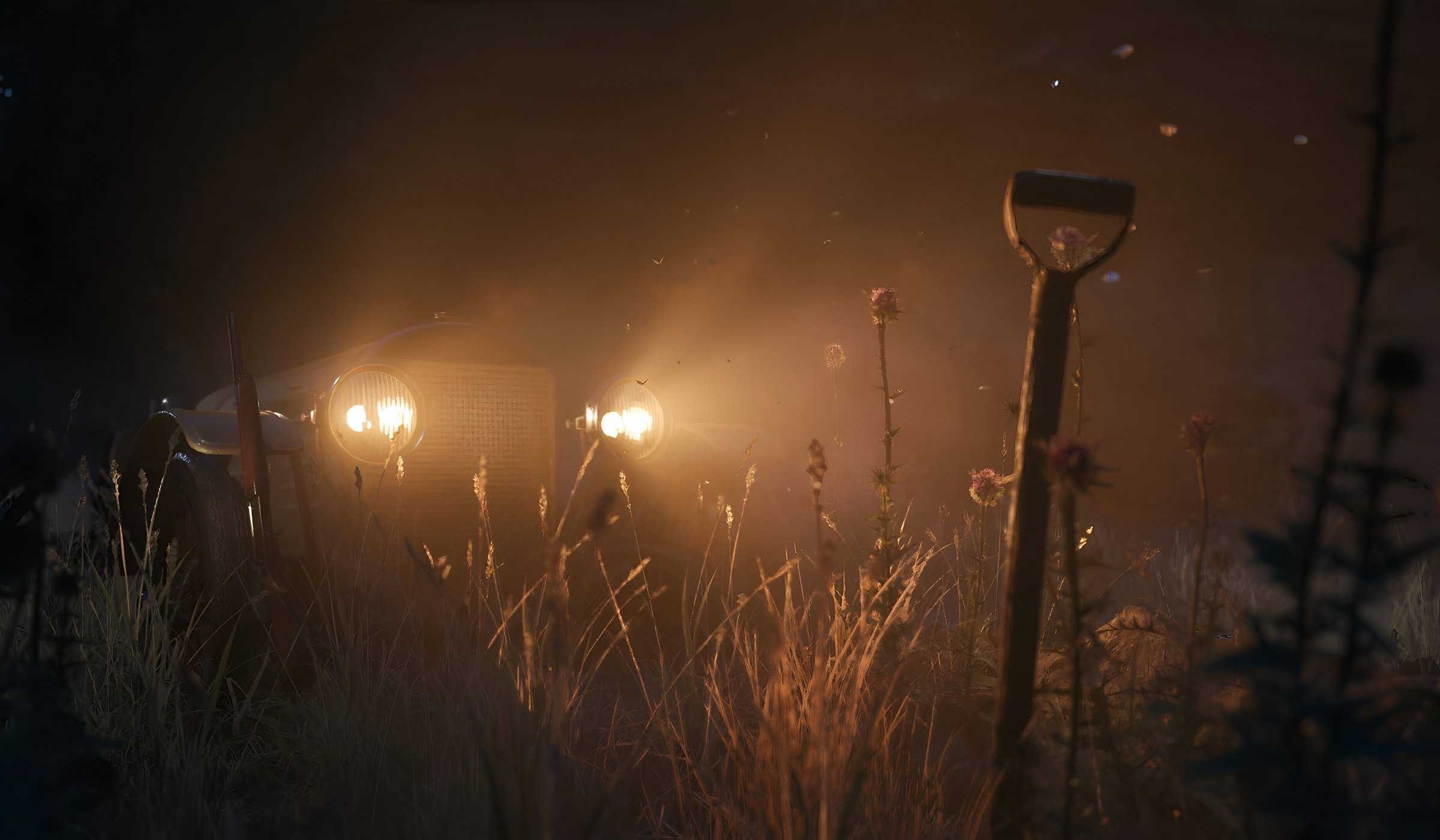 An image from the game Mafia: The Old Country, showing a dark atmosphere lit only by a car's headlights.