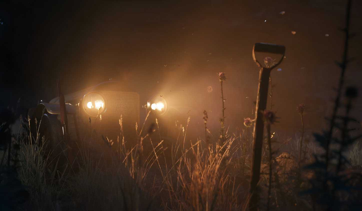 An image from the game Mafia: The Old Country, showing a dark atmosphere lit only by a car's headlights.