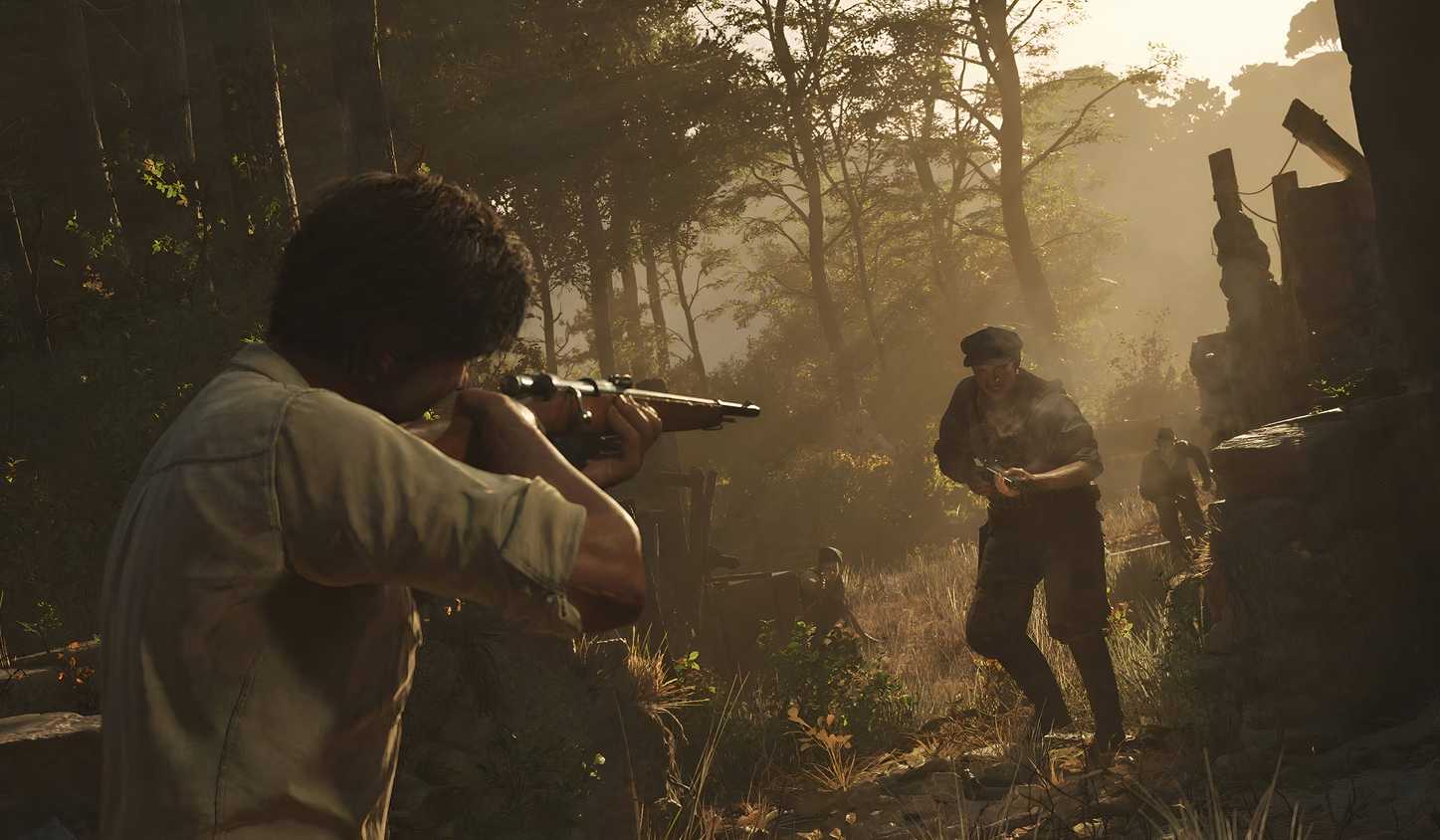 An image from the game Mafia: The Old Country, showing a man aiming a rifle.