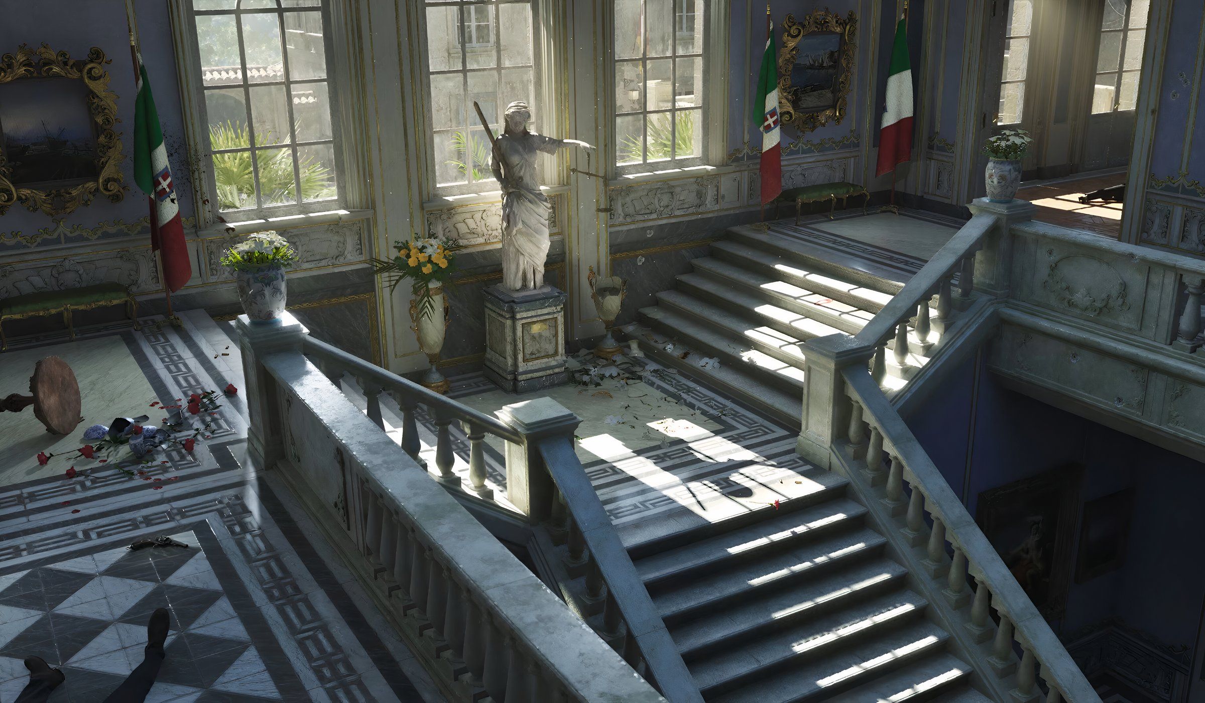 An image from the game Mafia: The Old Country, showing a staircase lit by sunlight.