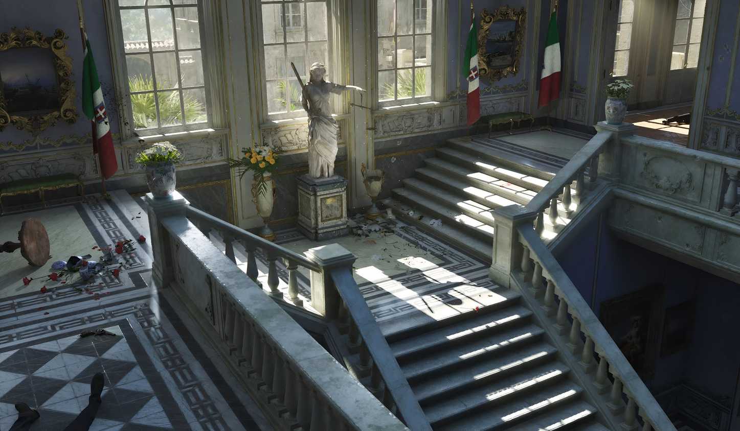 An image from the game Mafia: The Old Country, showing a staircase lit by sunlight.