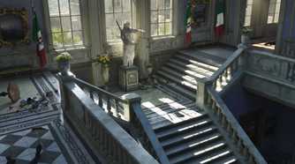An image from the game Mafia: The Old Country, showing a staircase lit by sunlight.