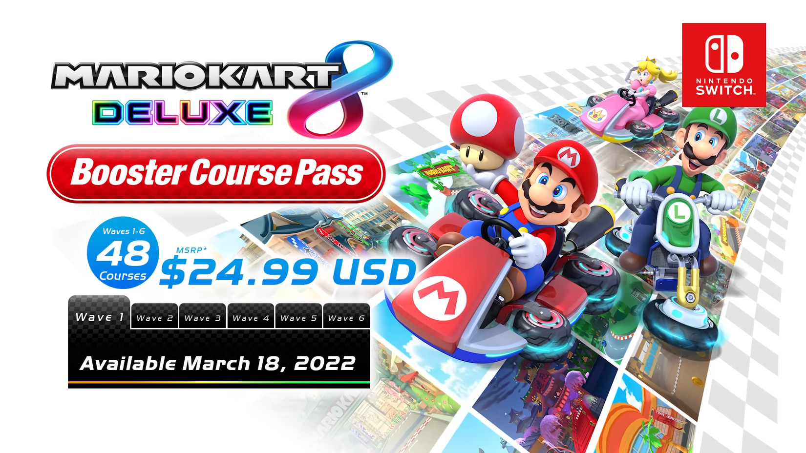 An infographic showing the contents of the Booster Course Pass for Mario Kart 8 Deluxe