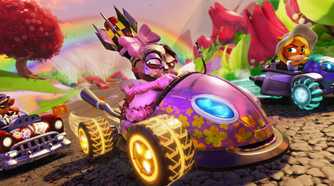 Crash Team Racing racers driving under rainbow